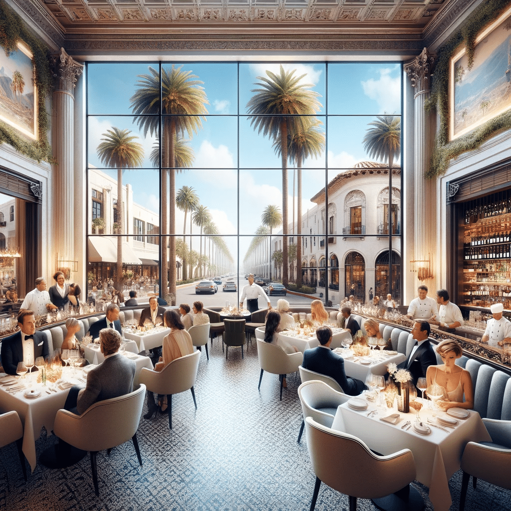 Inside a Beverly Hills restaurant, with a view of palm-lined streets through a window.