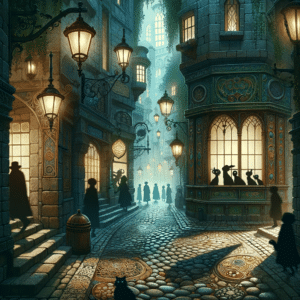 An evocative, sparsely populated alley in a magical theme park like Disneyland, with cobblestone walkways, old-fashioned lamps, and mysterious creature silhouettes at dusk.