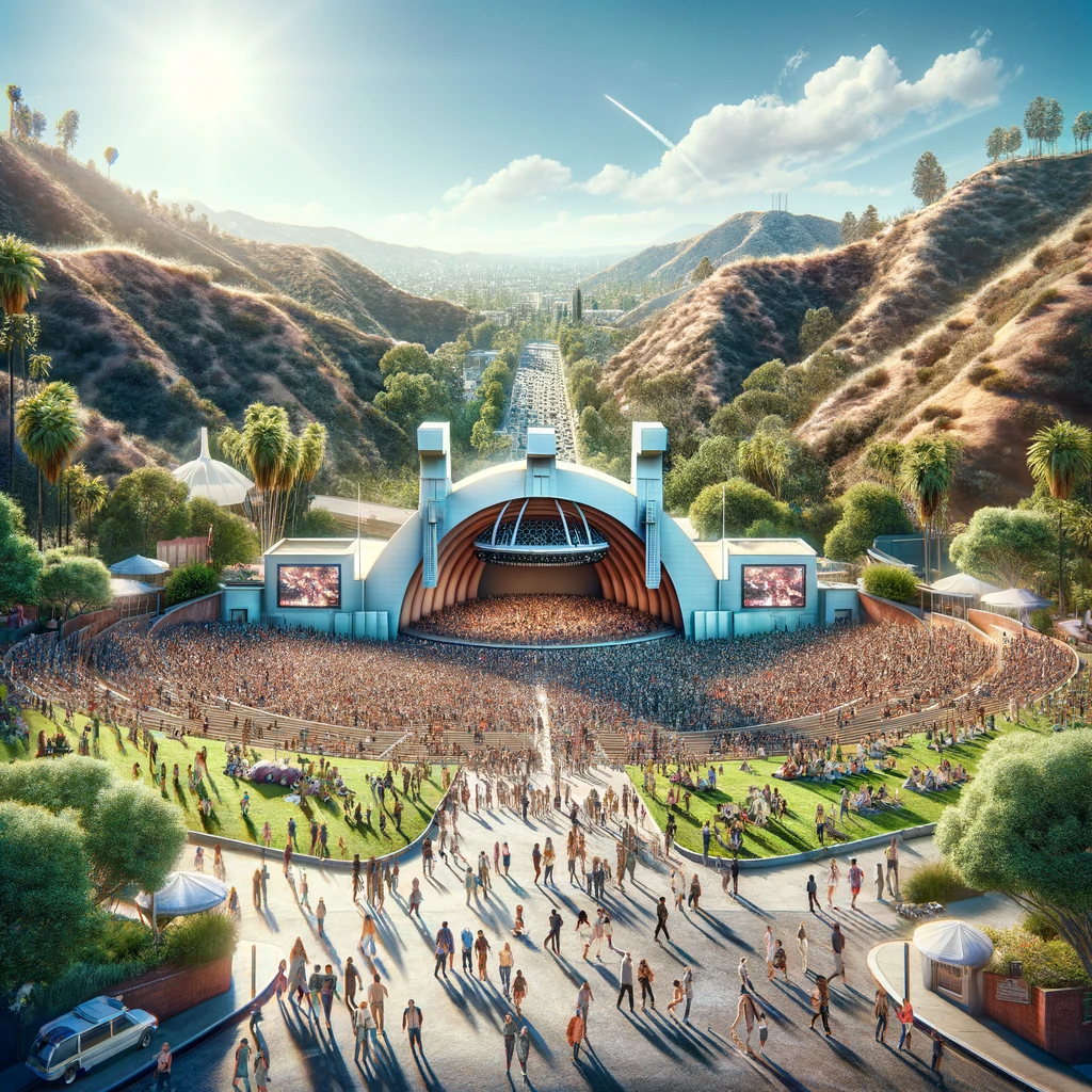 Photo-realistic depiction of the Hollywood Bowl in Los Angeles, bustling with a diverse crowd.