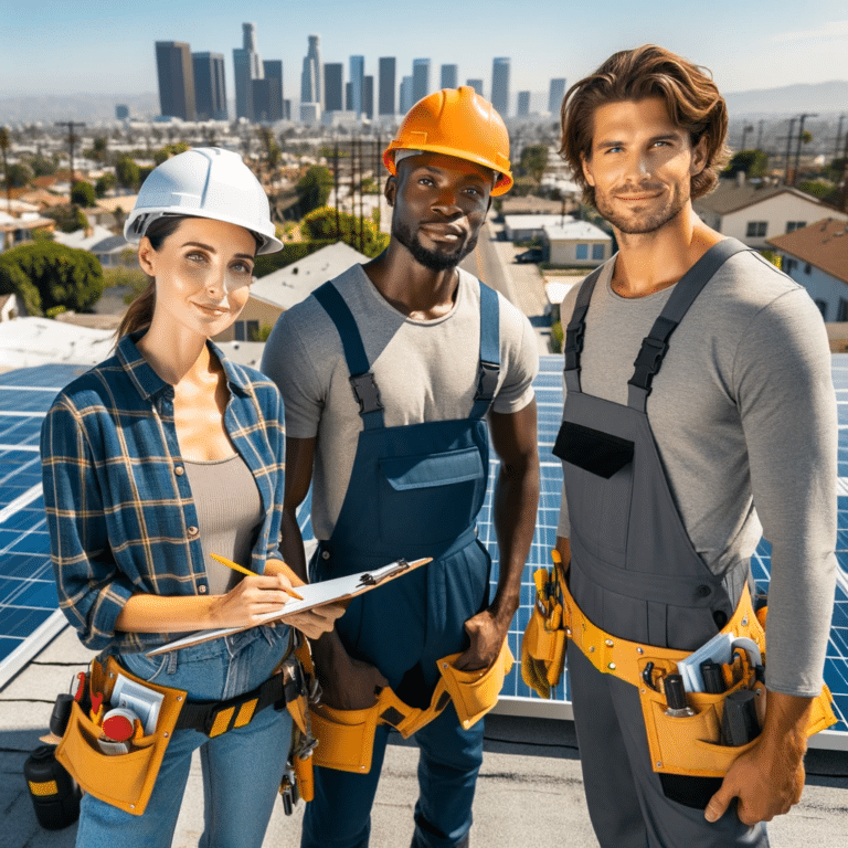 Solar contractors collaborate on a rooftop against the backdrop of the Los Angeles skyline.