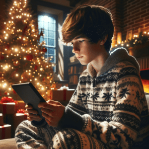Teenage boy in a winter sweater engrossed in reading on his tablet by the warm glow of Christmas tree lights.