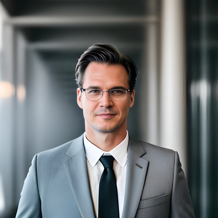 Tom Maletta, in a gray suit, white shirt, and dark tie, stands confidently in an office environment.